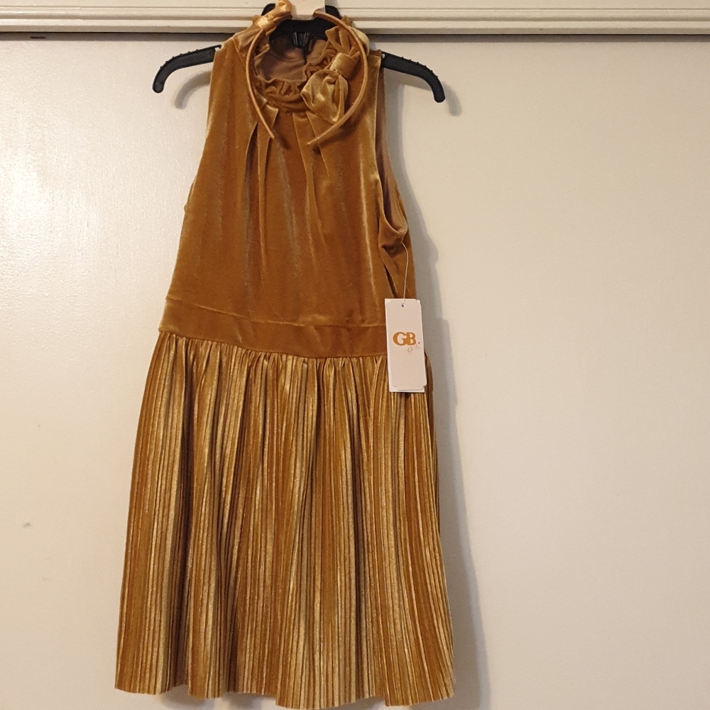GB girls pleated velvet bow dress gold w/ headband